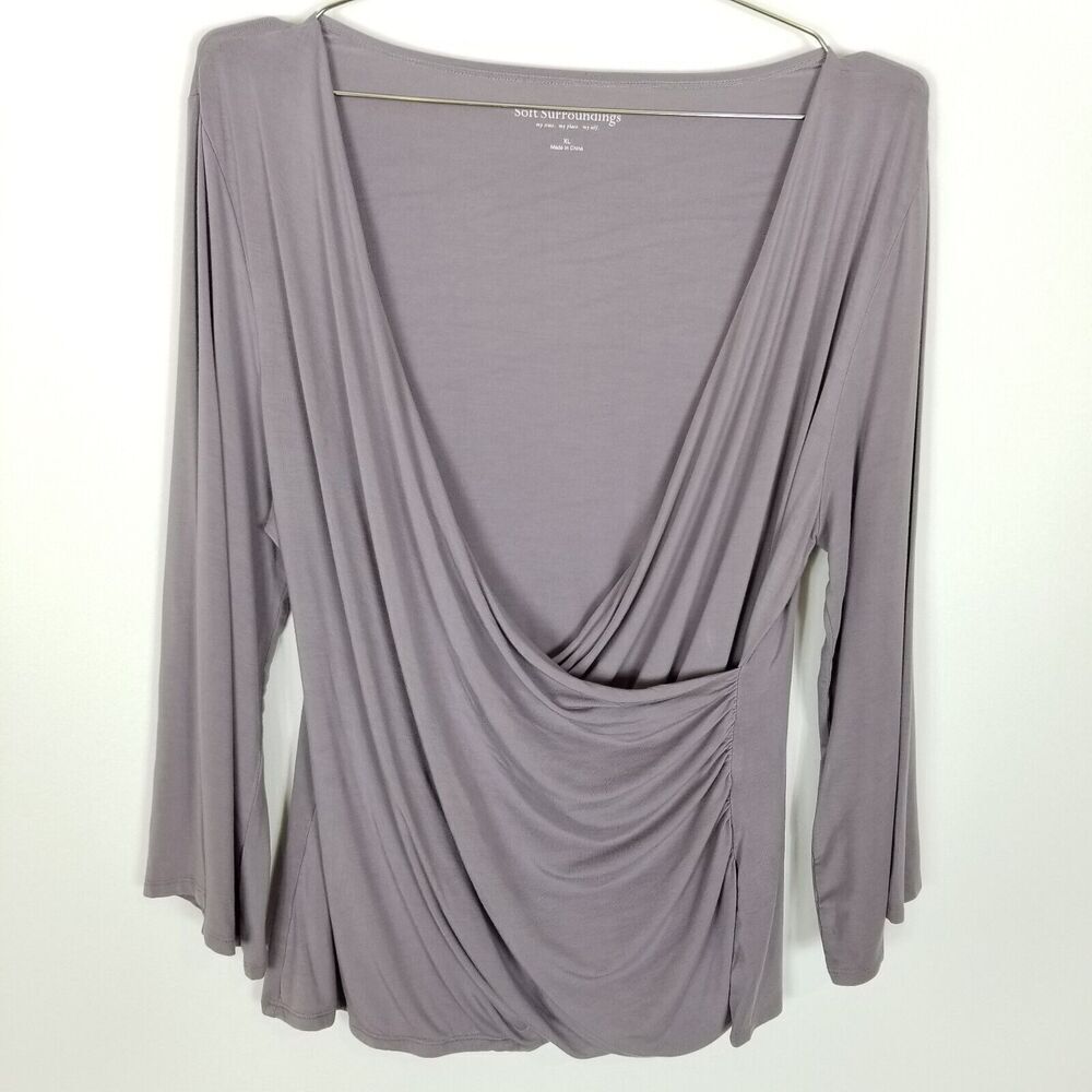 Soft Surroundings Draped V-Neck Long Sleeve Blouse in Dusty Lavender